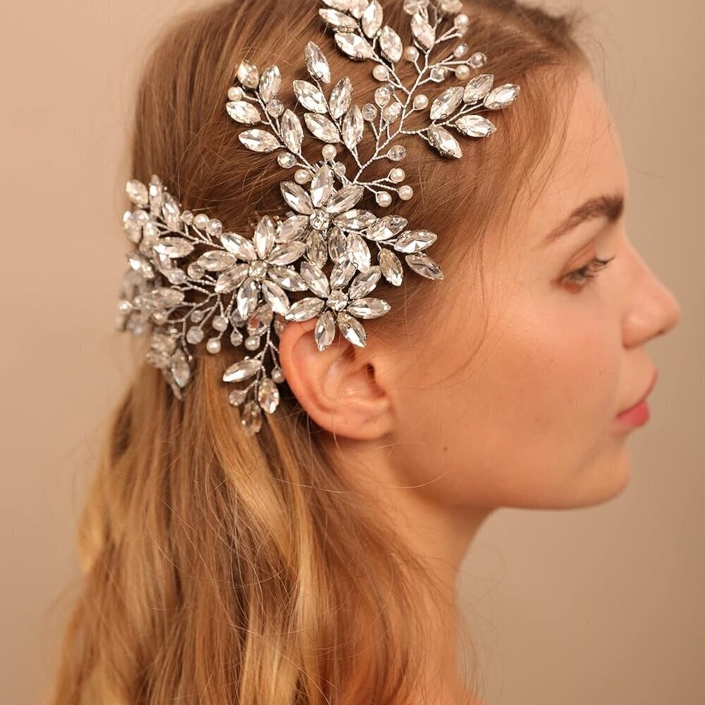 Women Large Hair Comb Silver Bridal Rhinestone Crystal Flower Wedding Hair Acces